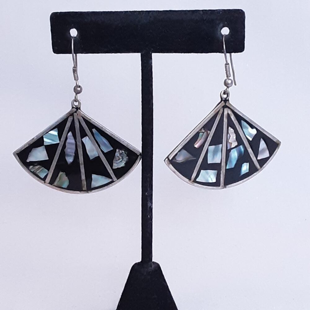 💎Alpaca Mexica Earrings Dangle Drop Fan Silver And Abalone Shell Hook Closure